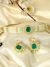 Karatcart Lime Green Beads and Pearl Beaded Green Polki Kundan Choker Necklace Set