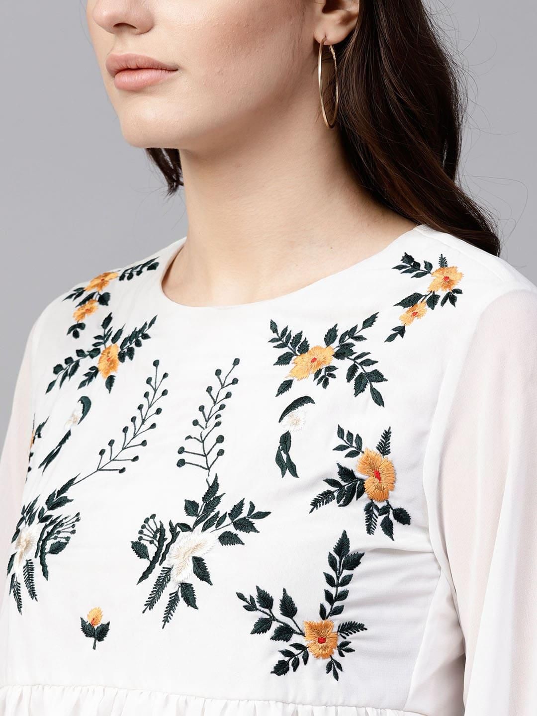 PANNKH White Floral Embroidered Sheer Top