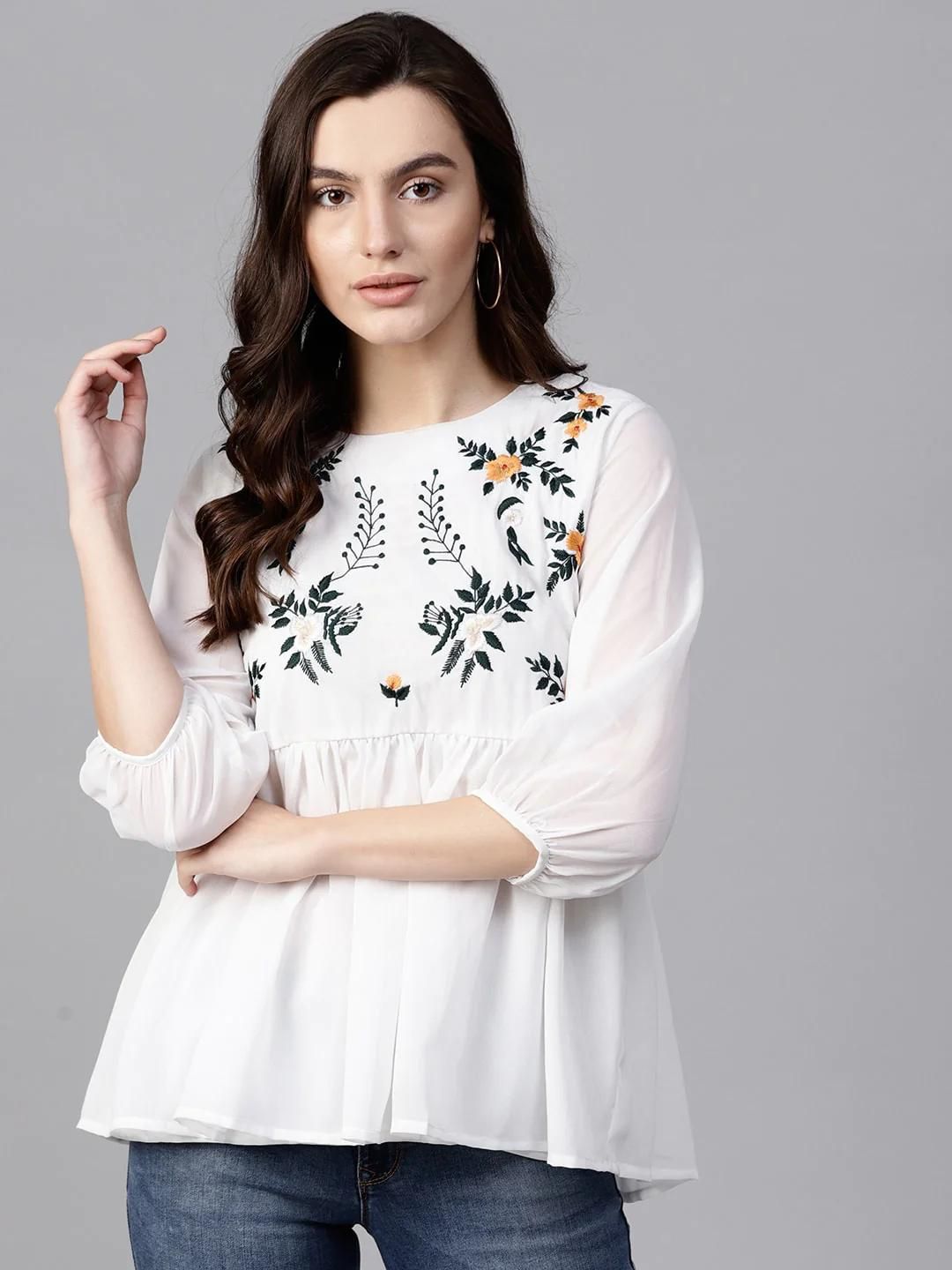 PANNKH White Floral Embroidered Sheer Top