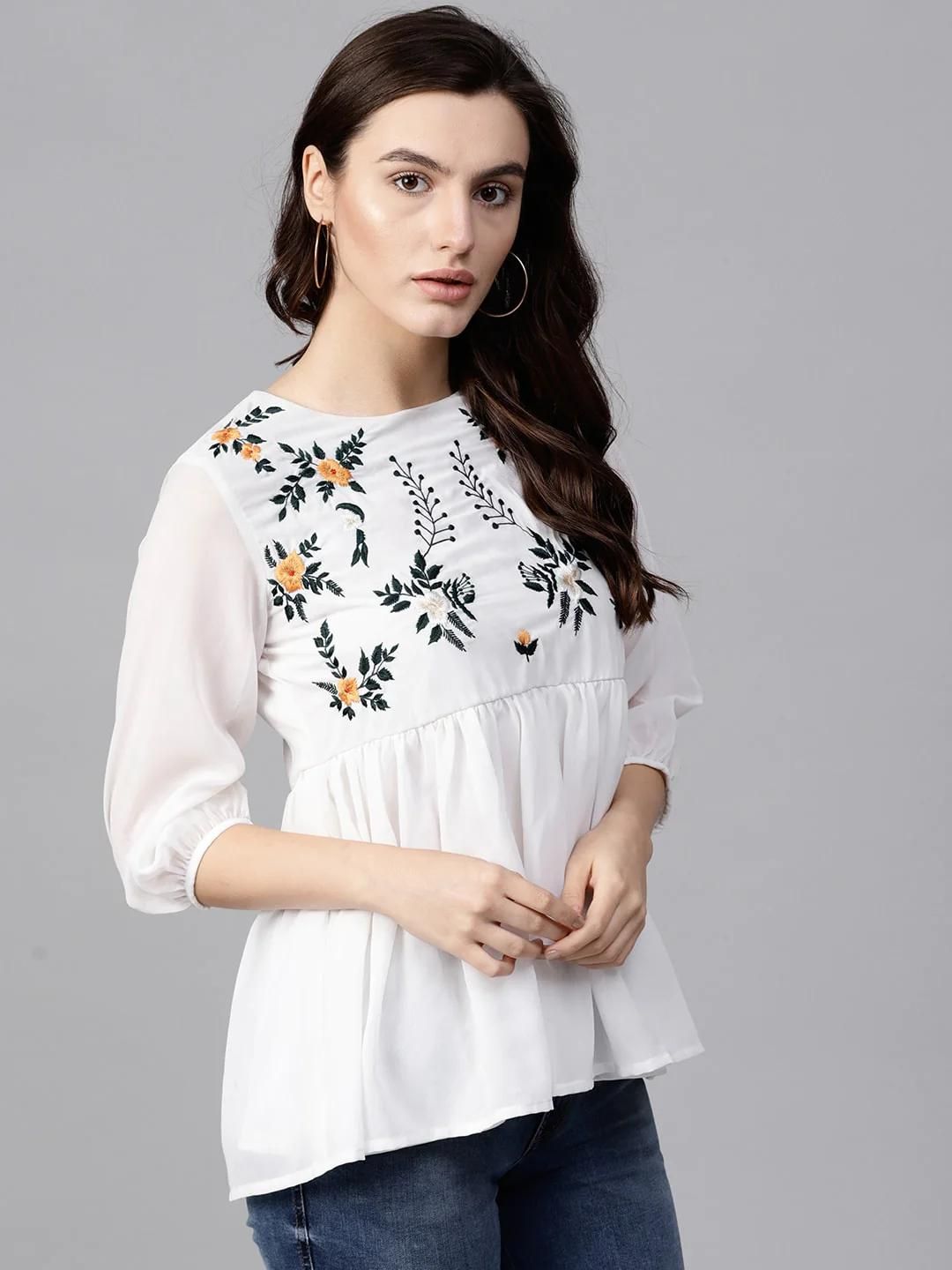 PANNKH White Floral Embroidered Sheer Top